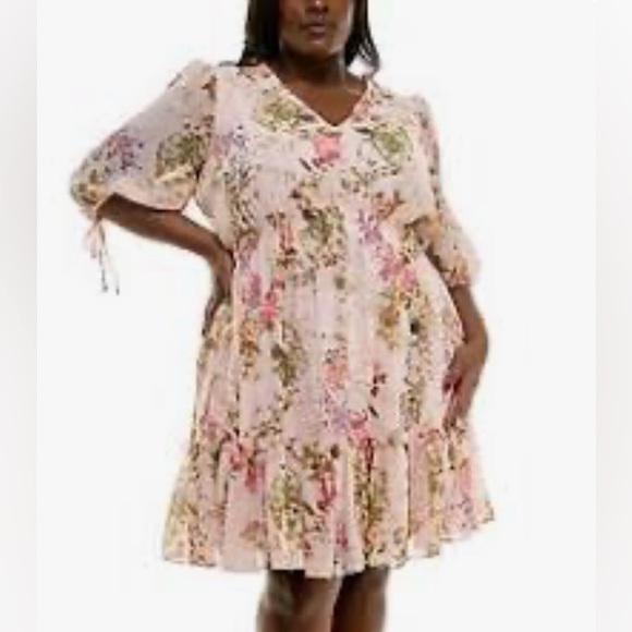 Taylor Dresses & Skirts - Taylor Romantic Cottagecore Cream Floral Ruffled Tie Sleeve Mini Dress Size 20